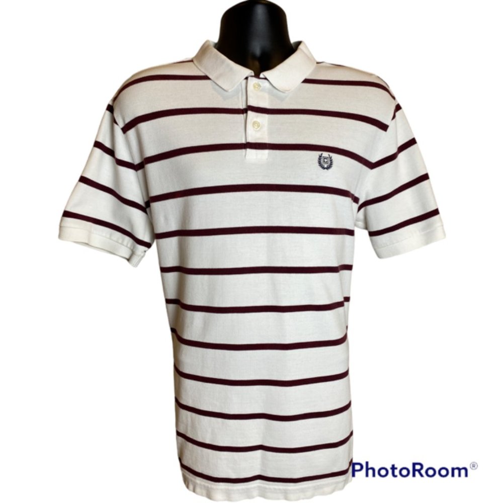 Large White Chaps Polo with Horizontal Maroon Stripes